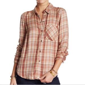 Free People Womens Joplin Plaid Button Down Top Shirt S Soft Flannel Pink Ivory